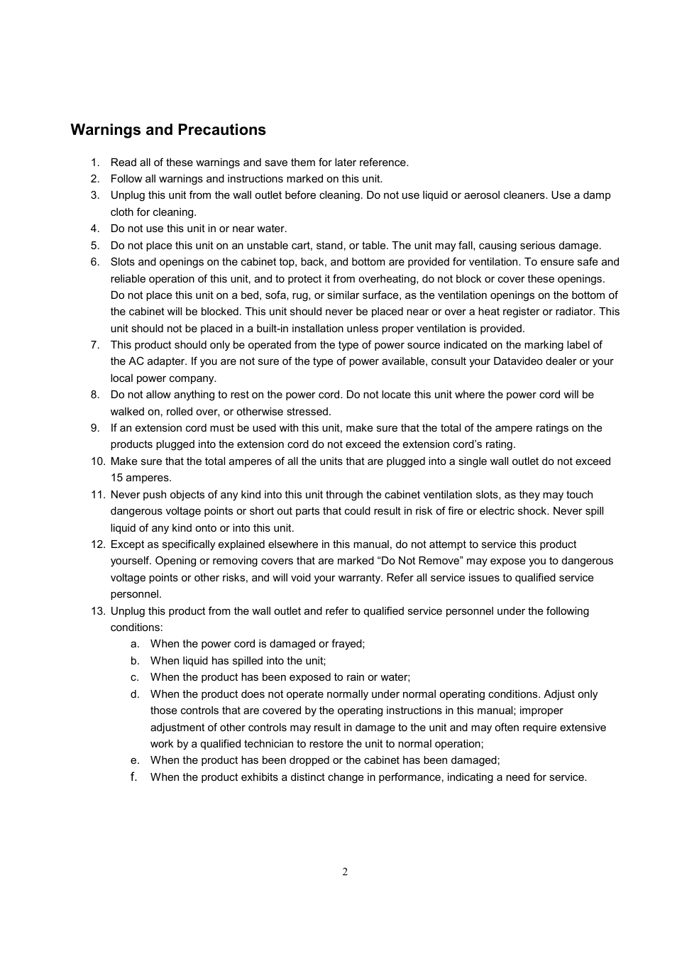 Warnings and precautions | Datavideo MP-4100 User Manual | Page 3 / 46