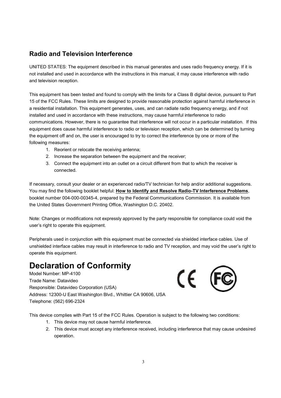 Declaration of conformity, Radio and television interference | Datavideo MP-4100 User Manual | Page 4 / 46