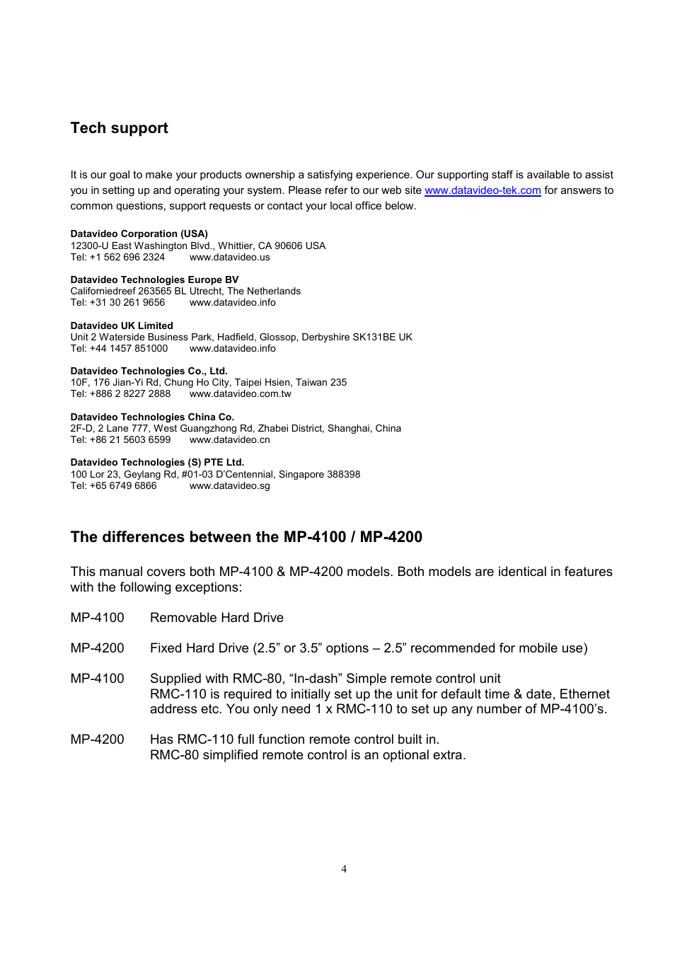 Tech support | Datavideo MP-4100 User Manual | Page 5 / 46