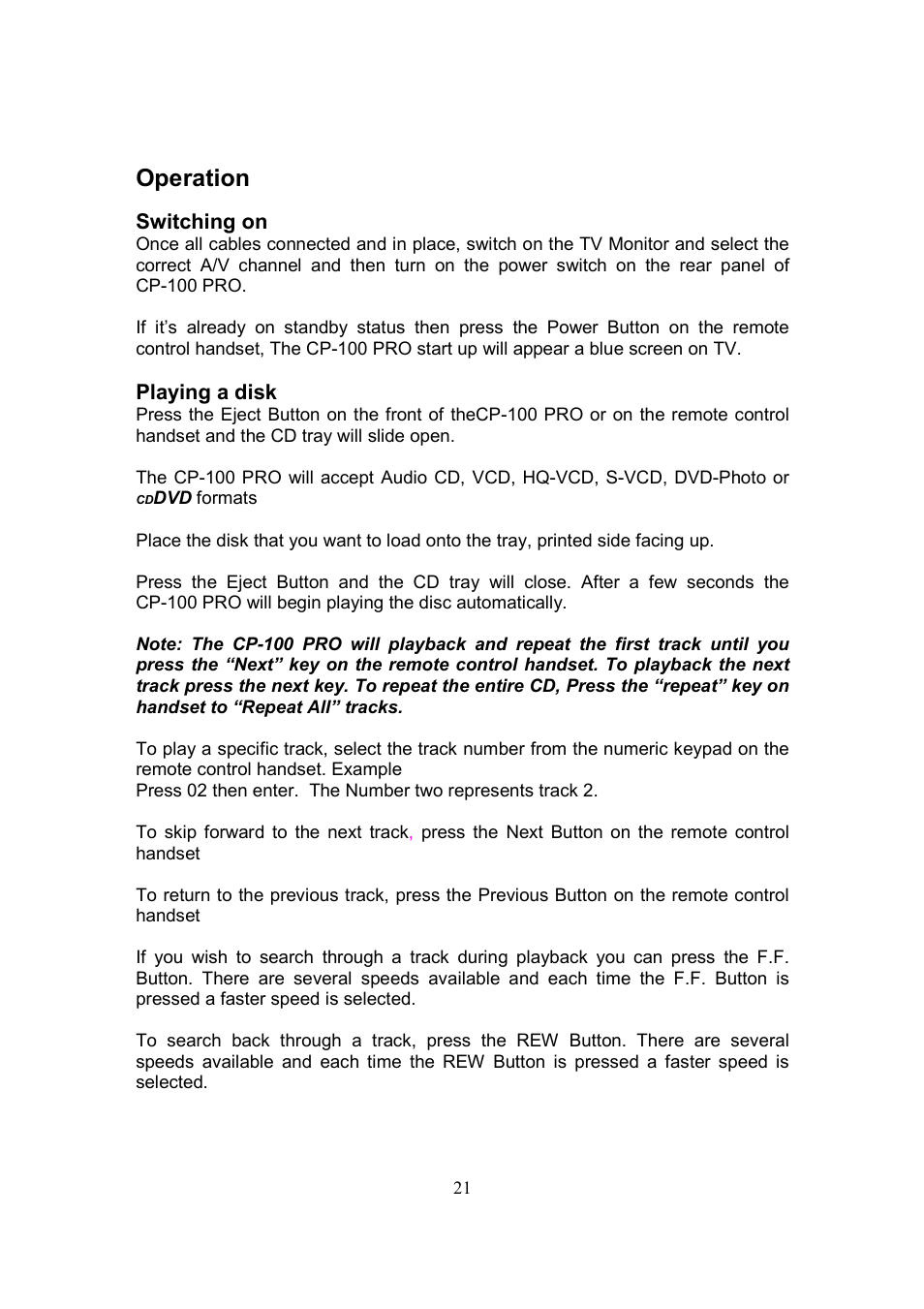 Operation | Datavideo CP-100 PRO User Manual | Page 22 / 30