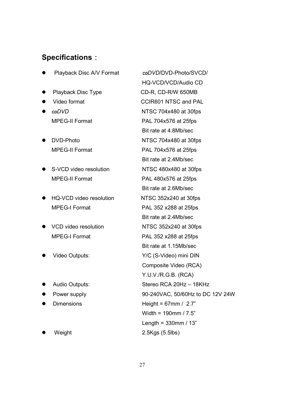 Specifications | Datavideo CP-100 PRO User Manual | Page 28 / 30