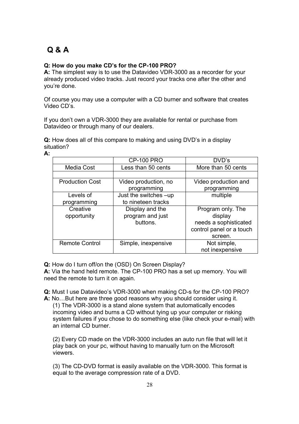 Q & a | Datavideo CP-100 PRO User Manual | Page 29 / 30