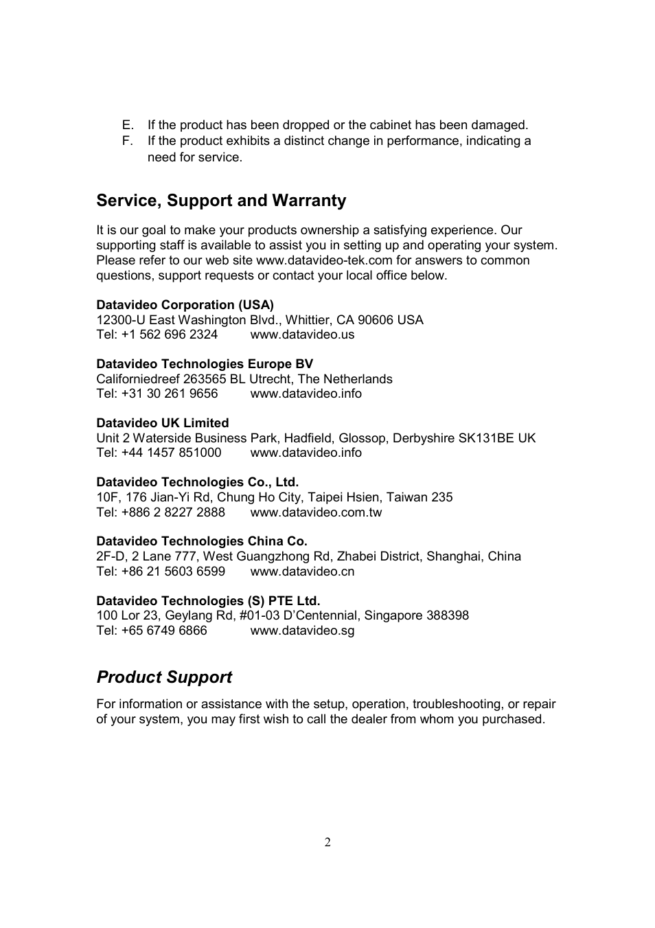 Service, support and warranty, Product support | Datavideo CP-100 PRO User Manual | Page 3 / 30