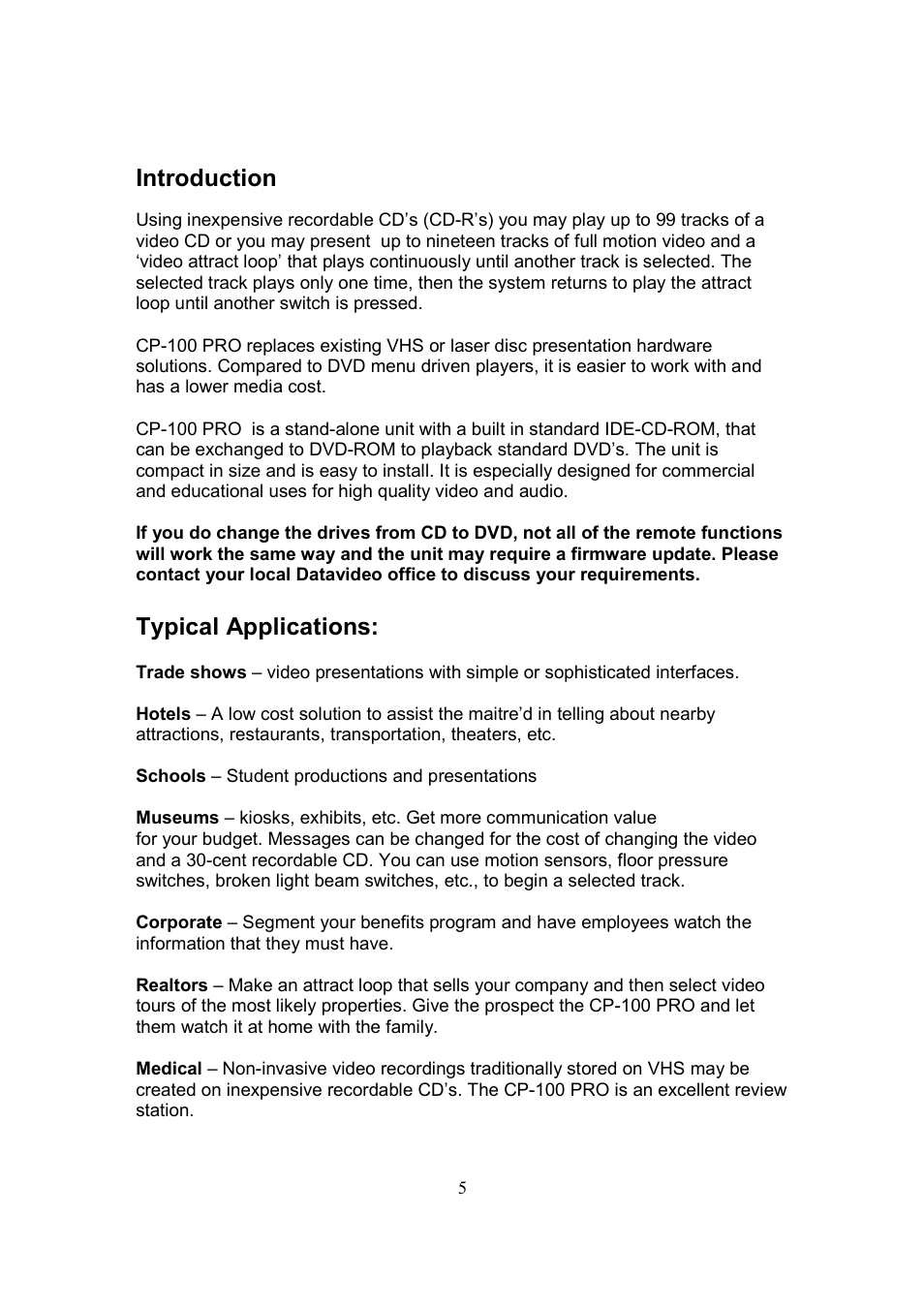 Introduction, Typical applications | Datavideo CP-100 PRO User Manual | Page 6 / 30