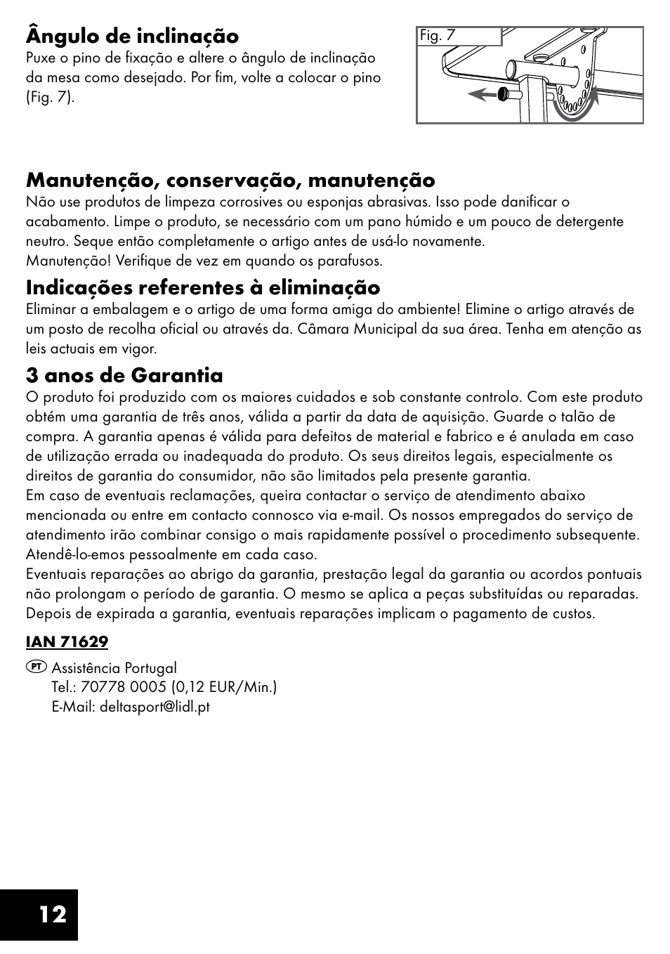 12 ângulo de inclinação, Manutenção, conservação, manutenção, Indicações referentes à eliminação | 3 anos de garantia | Livarno TILTING TABLE User Manual | Page 12 / 20