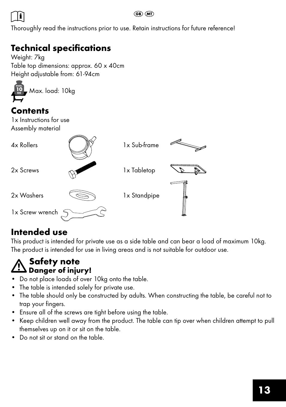 Livarno TILTING TABLE User Manual | Page 13 / 20