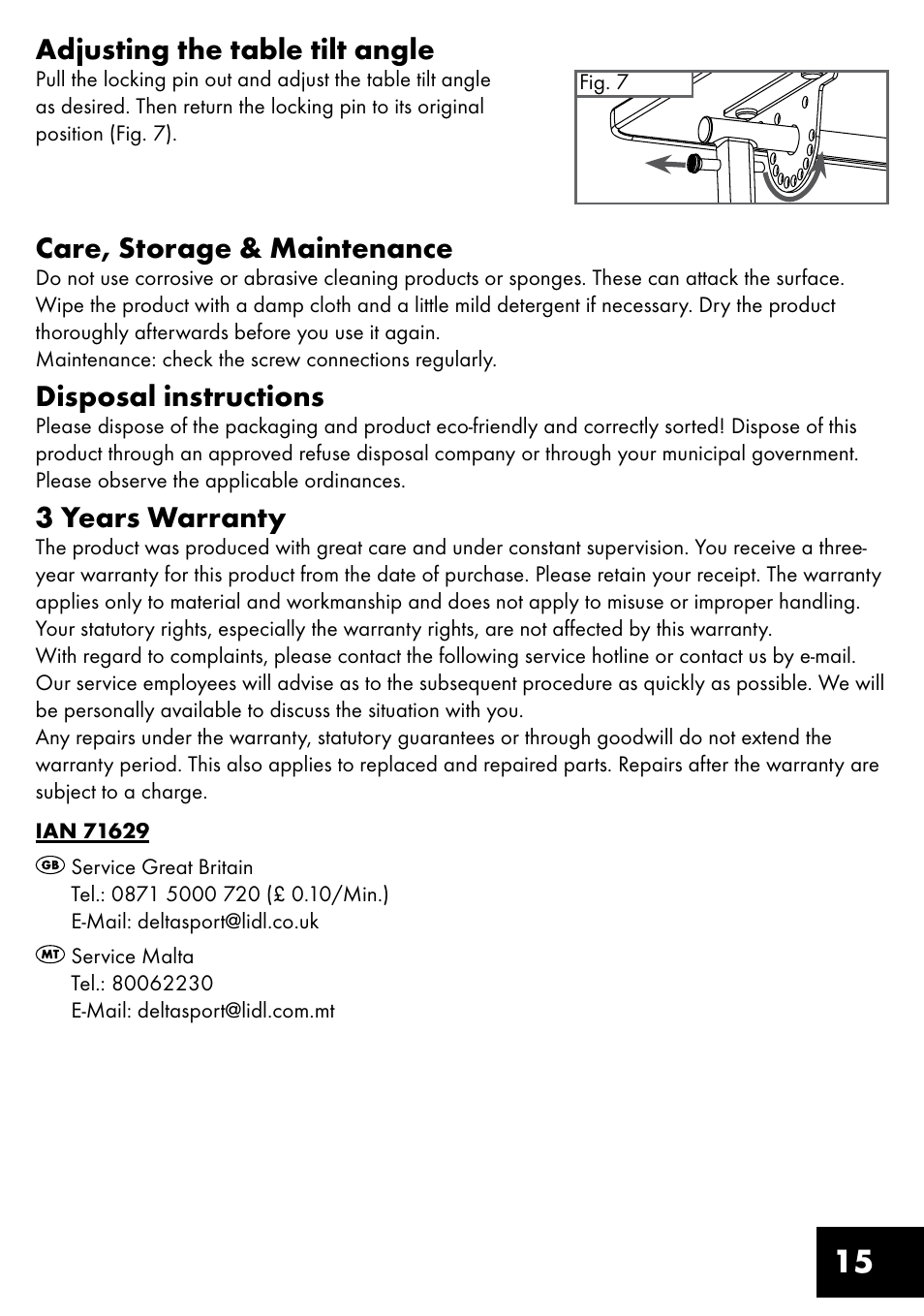 15 adjusting the table tilt angle, Care, storage & maintenance, Disposal instructions | 3 years warranty | Livarno TILTING TABLE User Manual | Page 15 / 20