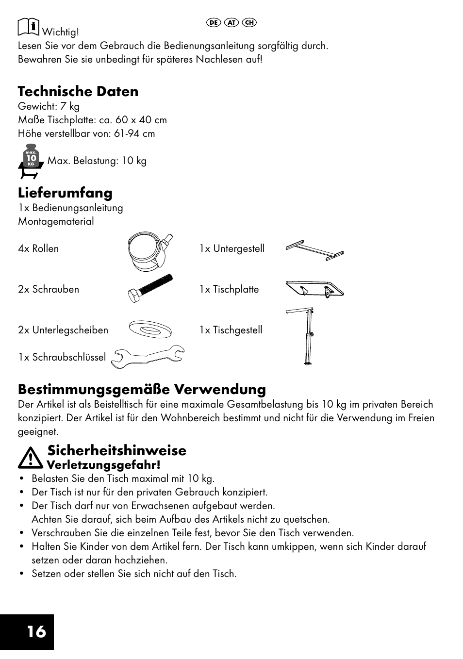 Technische daten, Lieferumfang, Bestimmungsgemäße verwendung | Sicherheitshinweise | Livarno TILTING TABLE User Manual | Page 16 / 20