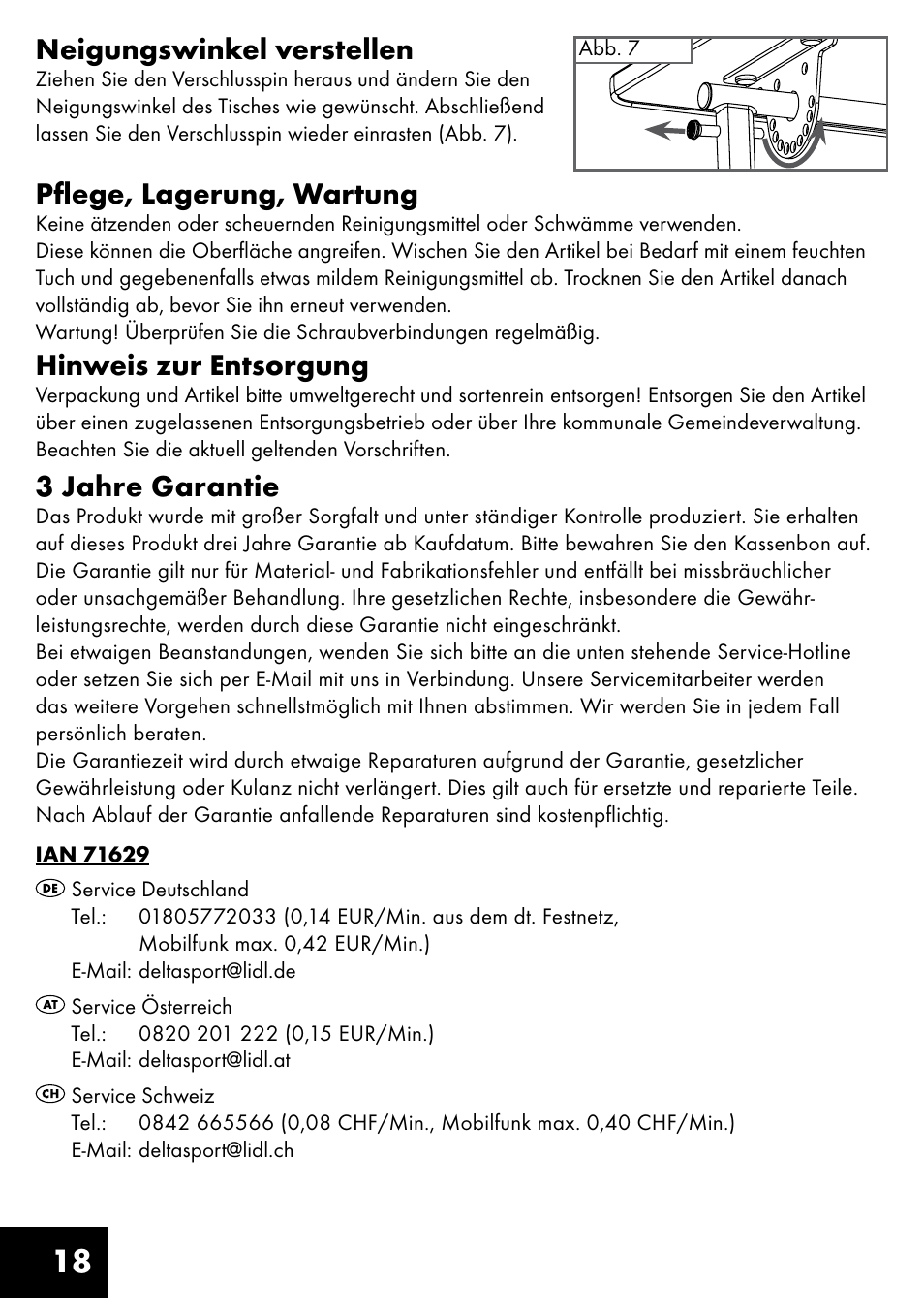 18 neigungswinkel verstellen, Pflege, lagerung, wartung, Hinweis zur entsorgung | 3 jahre garantie | Livarno TILTING TABLE User Manual | Page 18 / 20