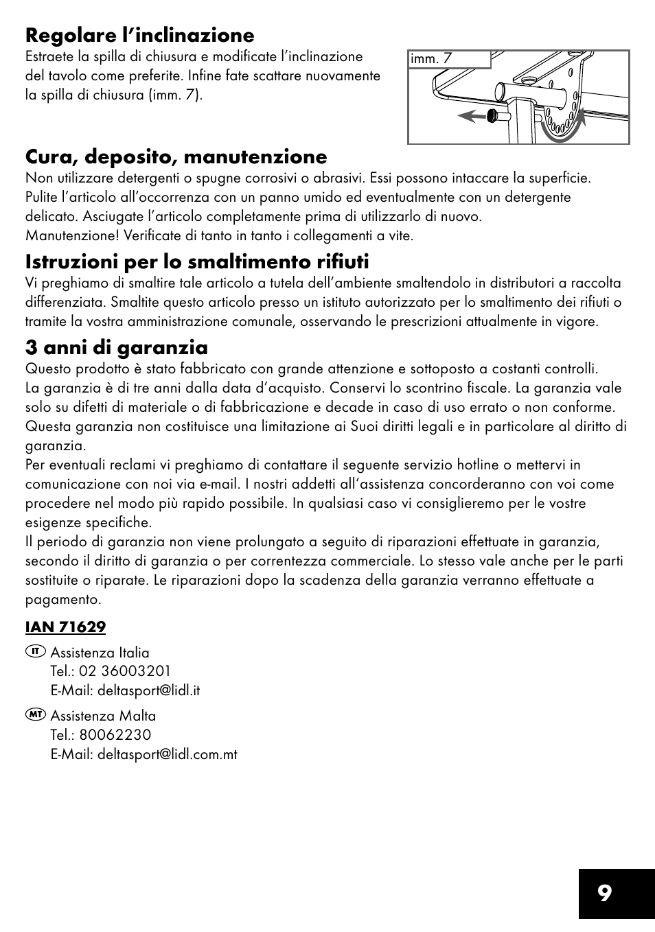 9regolare l’inclinazione, Cura, deposito, manutenzione, Istruzioni per lo smaltimento rifiuti | 3 anni di garanzia | Livarno TILTING TABLE User Manual | Page 9 / 20