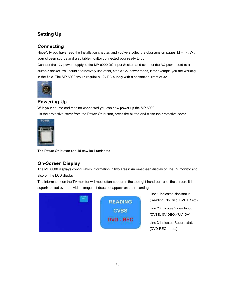 Setting up connecting, Powering up, On-screen display | Datavideo MP-6000 Mk2 User Manual | Page 19 / 49