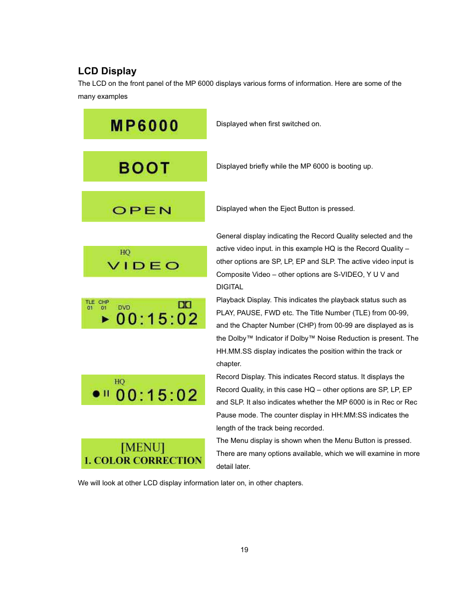 Lcd display | Datavideo MP-6000 Mk2 User Manual | Page 20 / 49