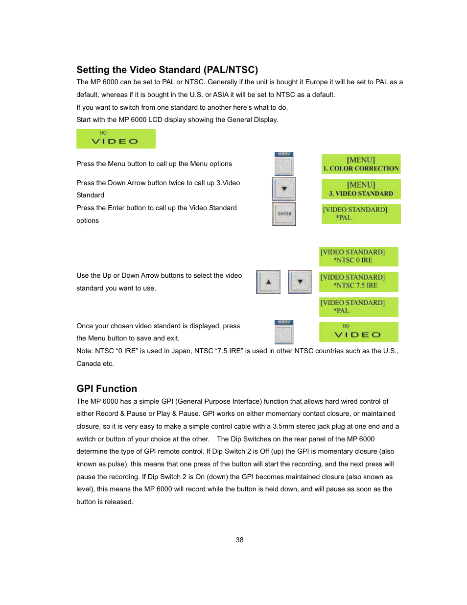 Setting the video standard (pal/ntsc), Gpi function | Datavideo MP-6000 Mk2 User Manual | Page 39 / 49