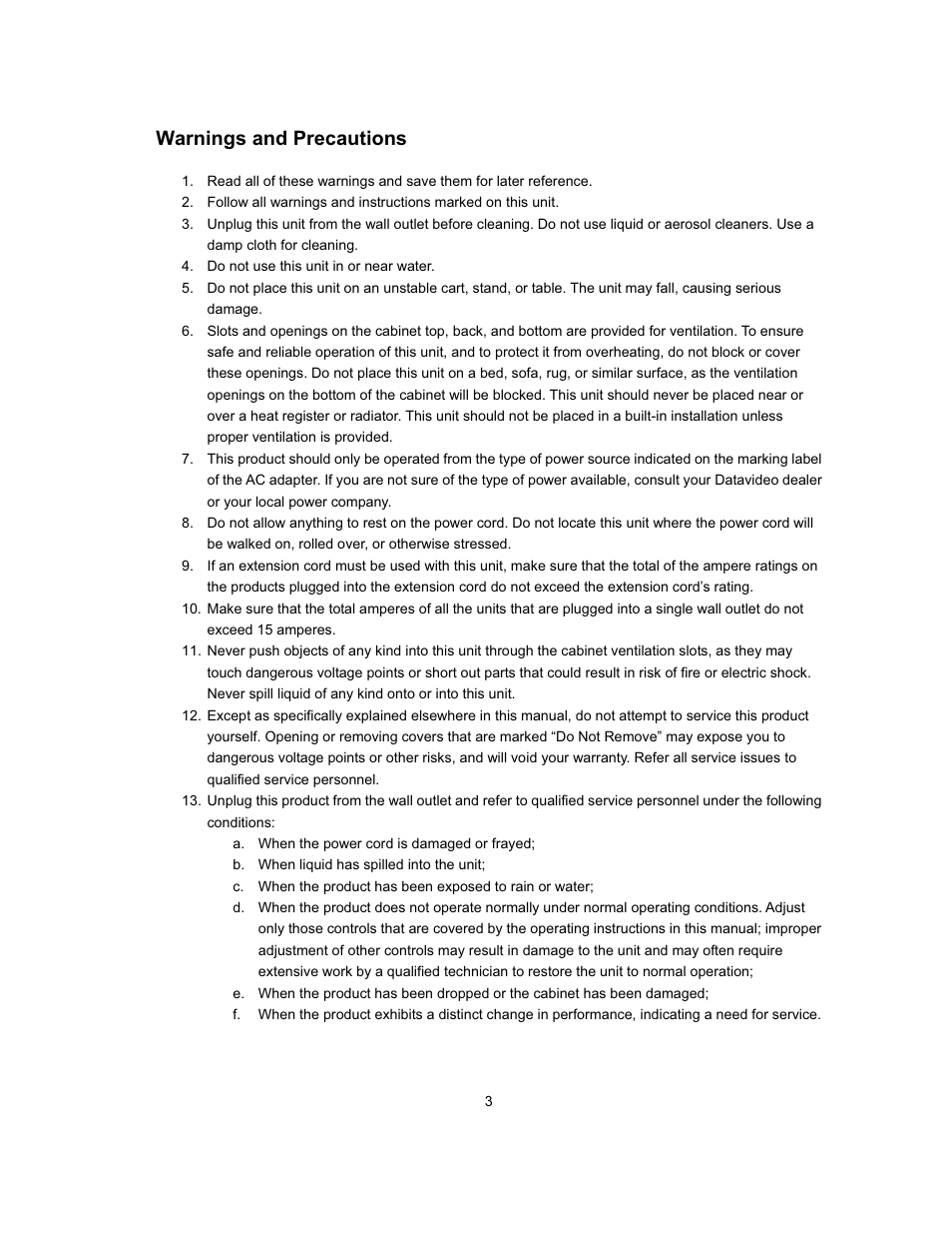 Warnings and precautions | Datavideo MP-6000 Mk2 User Manual | Page 4 / 49