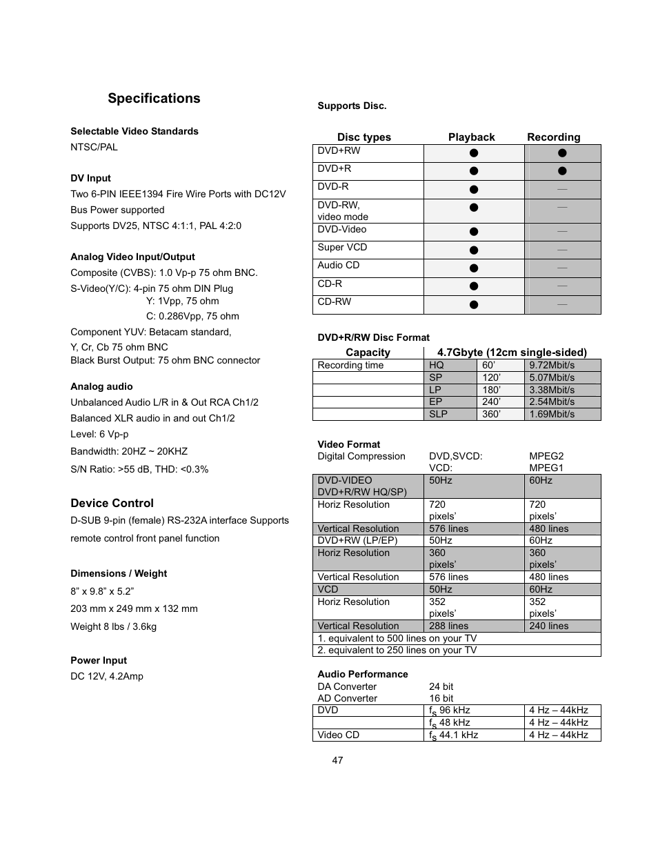 Specifications | Datavideo MP-6000 Mk2 User Manual | Page 48 / 49