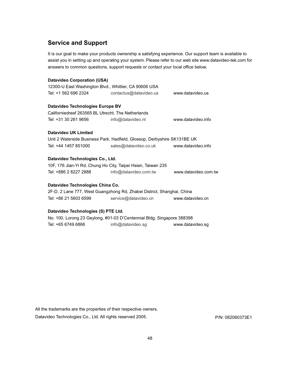 Service and support | Datavideo MP-6000 Mk2 User Manual | Page 49 / 49