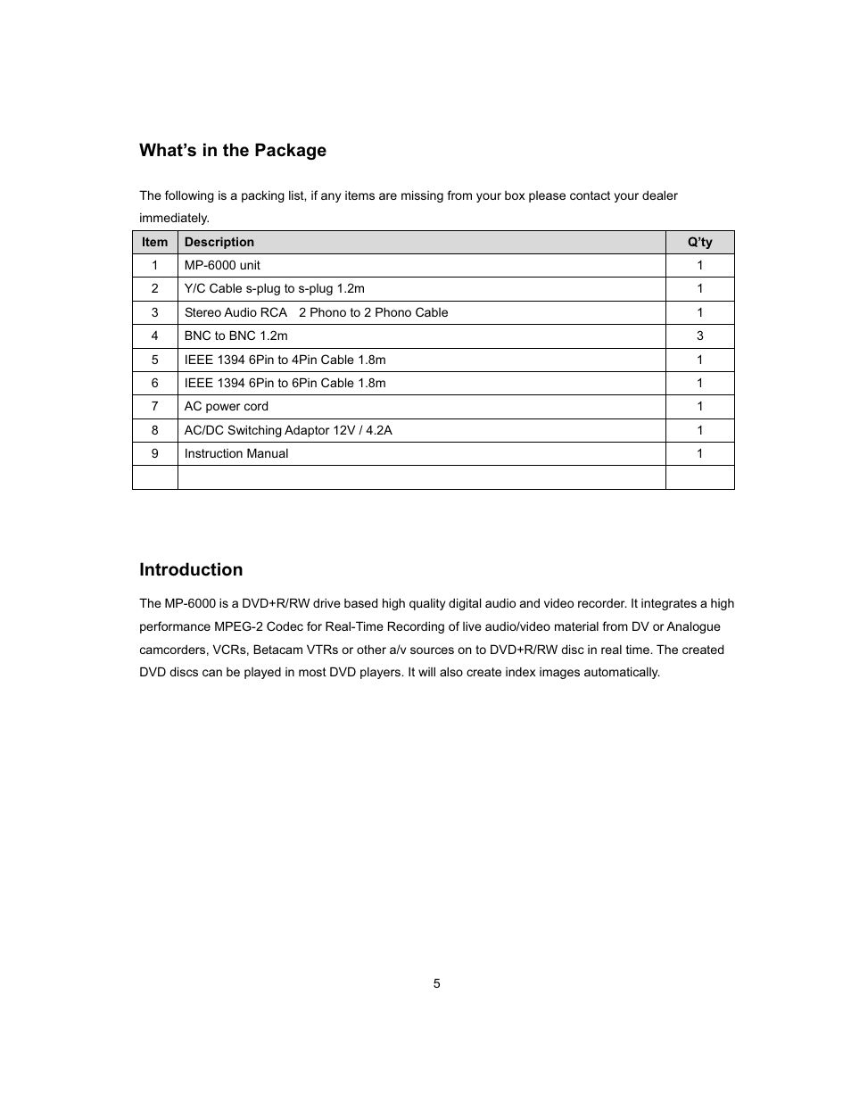 What’s in the package, Introduction | Datavideo MP-6000 Mk2 User Manual | Page 6 / 49