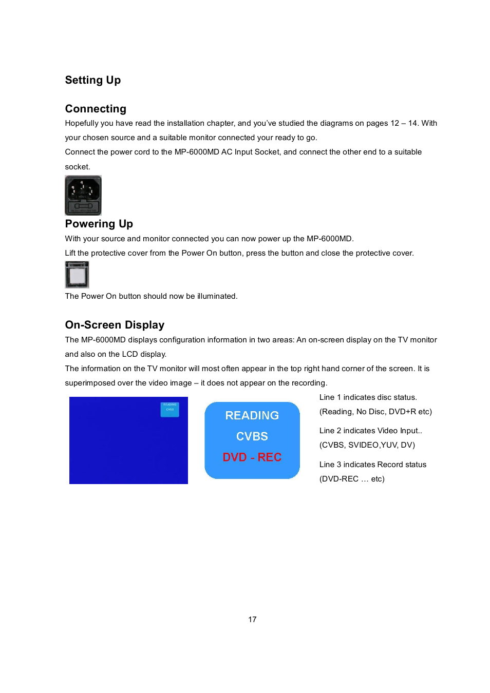 Setting up connecting, Powering up, On­screen display | Datavideo MP6000MD User Manual | Page 18 / 49