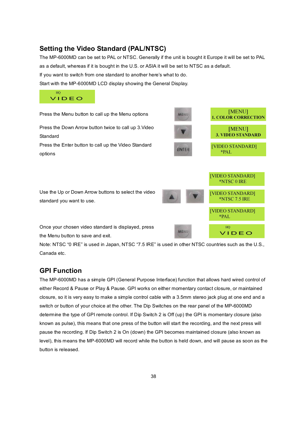 Setting the video standard (pal/ntsc), Gpi function | Datavideo MP6000MD User Manual | Page 39 / 49