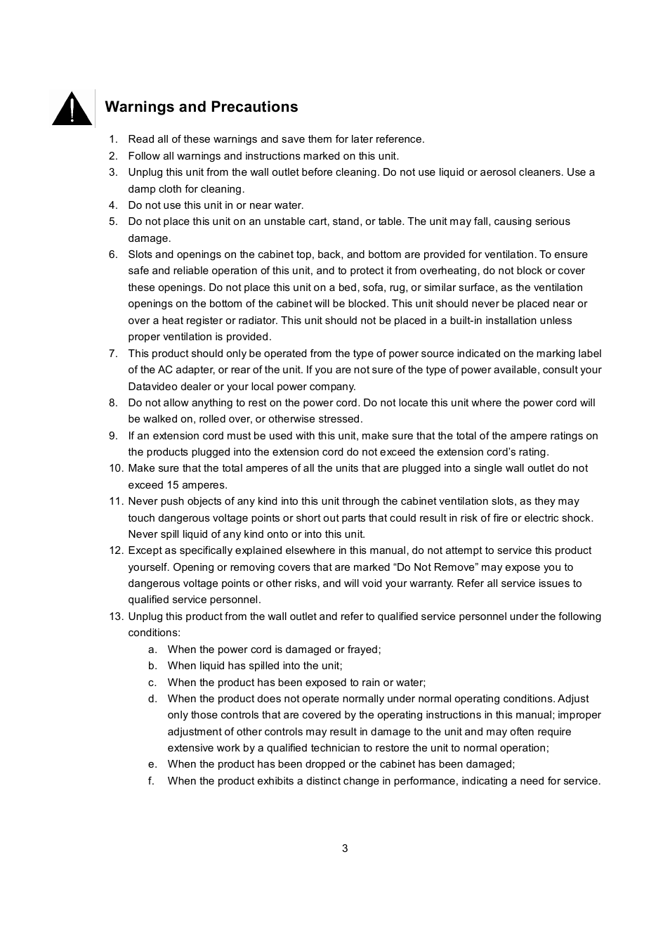 Warnings and precautions | Datavideo MP6000MD User Manual | Page 4 / 49