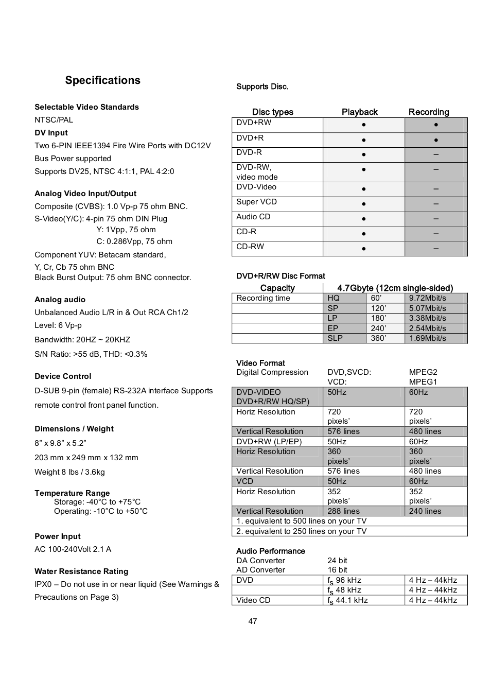 Specifications | Datavideo MP6000MD User Manual | Page 48 / 49