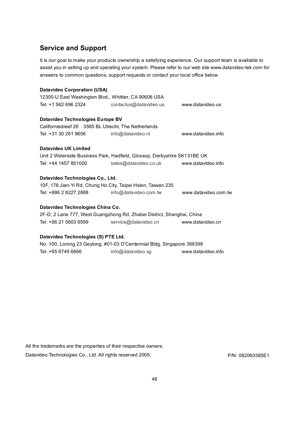 Service and support | Datavideo MP6000MD User Manual | Page 49 / 49