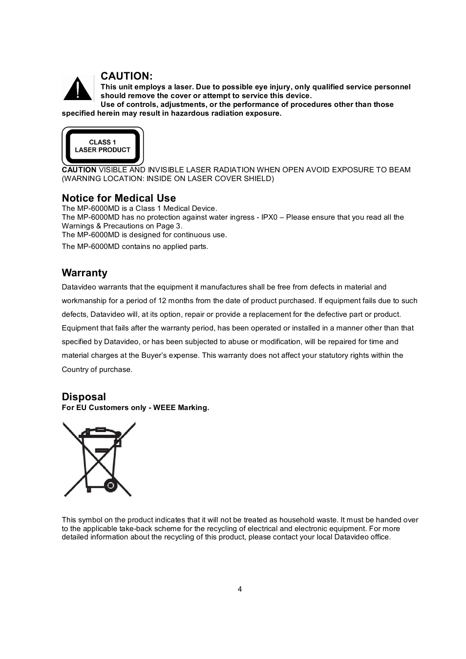 Caution, Notice for medical use, Warranty | Disposal | Datavideo MP6000MD User Manual | Page 5 / 49