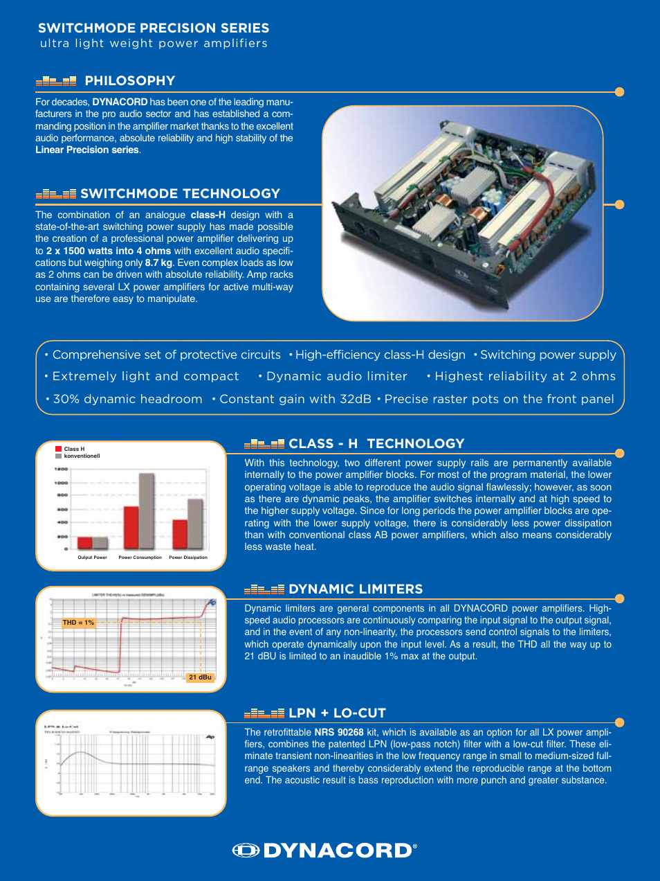 Philosophy, Switchmode technology, Class - h technology | Dynamic limiters, Lpn + lo-cut, Switchmode precision series | Dynacord LX3000 User Manual | Page 2 / 4