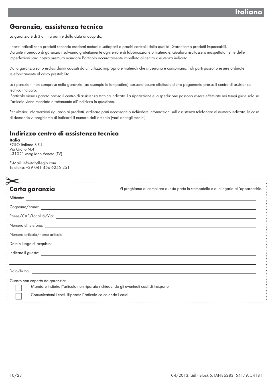 Italiano, Garanzia, assistenza tecnica, Indirizzo centro di assistenza tecnica | Carta garanzia | Livarno 54179 User Manual | Page 11 / 26