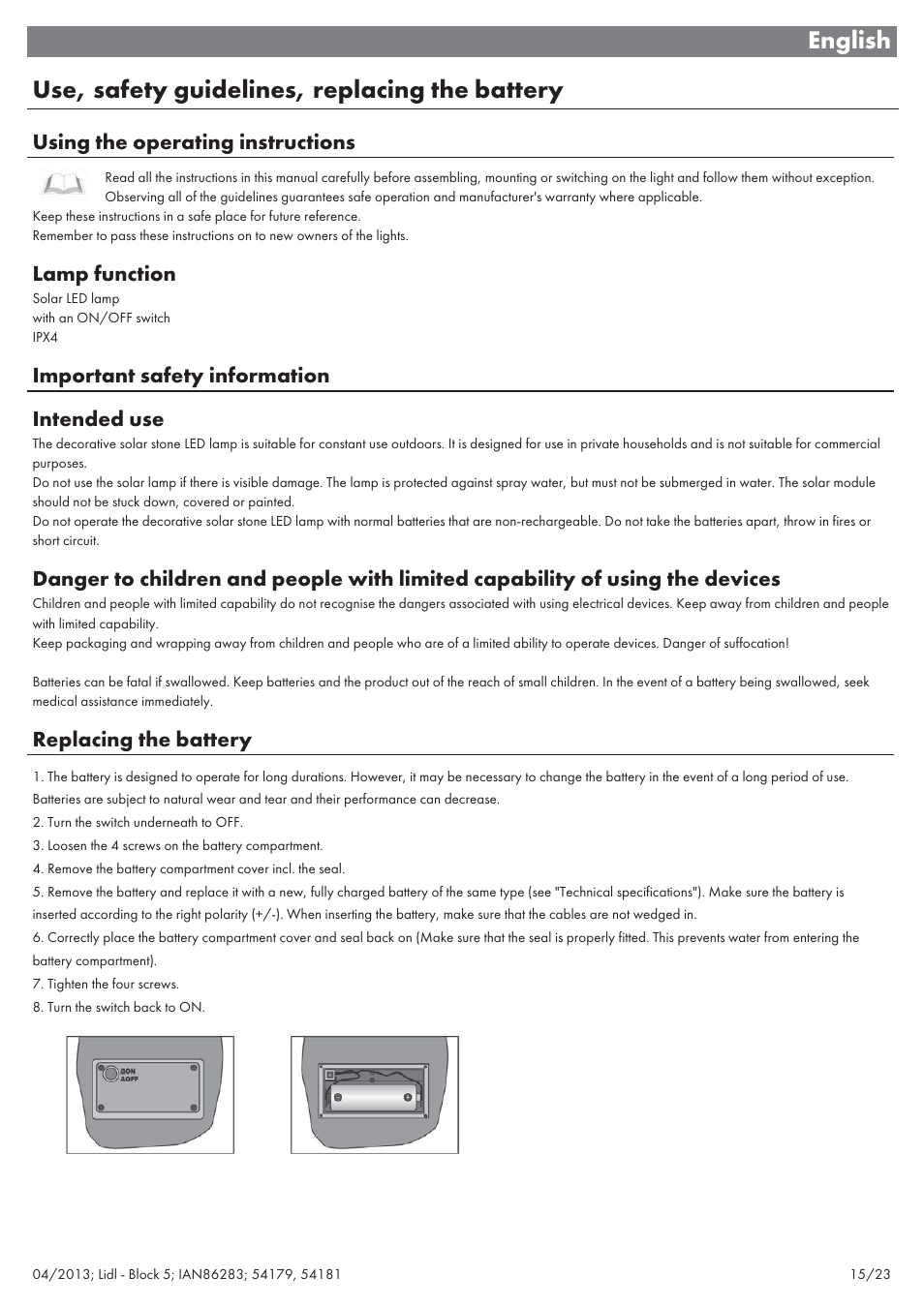 Using the operating instructions, Lamp function, Important safety information intended use | Replacing the battery | Livarno 54179 User Manual | Page 16 / 26