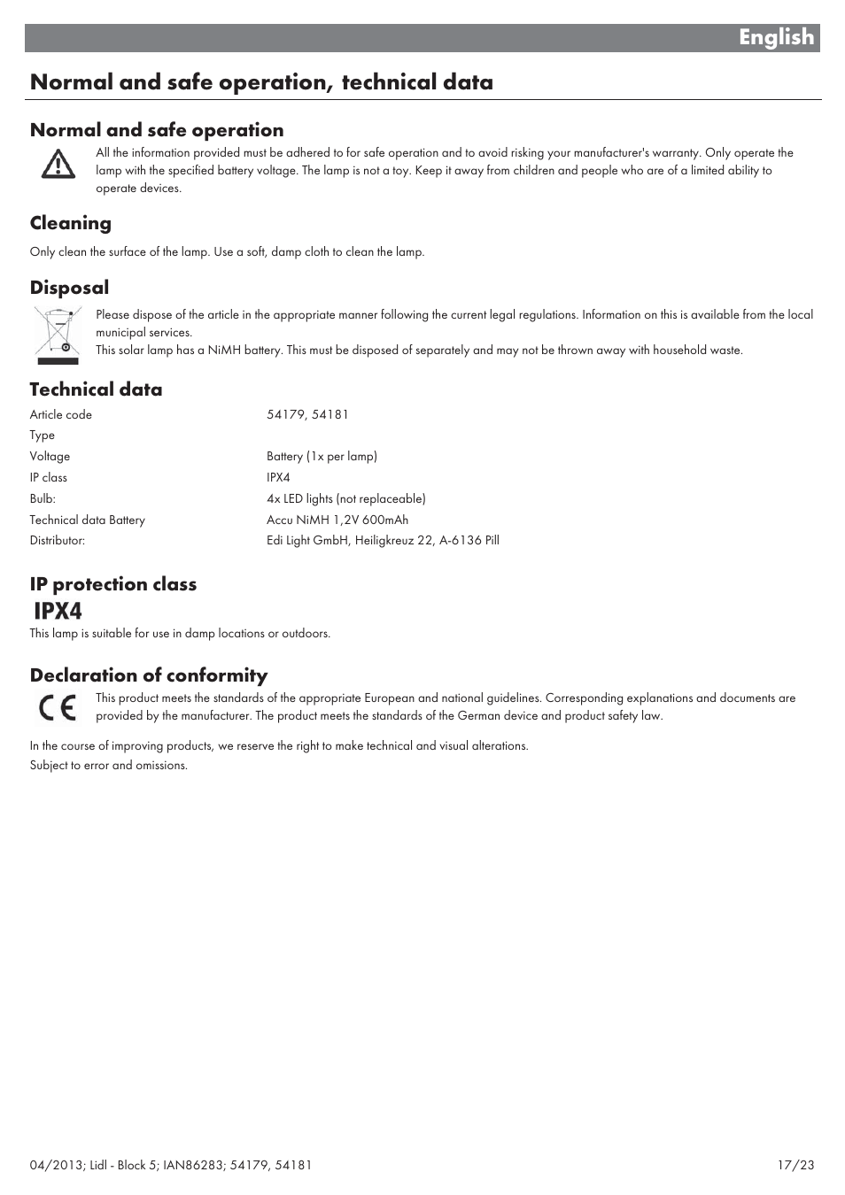 English normal and safe operation, technical data, Normal and safe operation, Cleaning | Disposal, Technical data, Ip protection class, Declaration of conformity | Livarno 54179 User Manual | Page 18 / 26