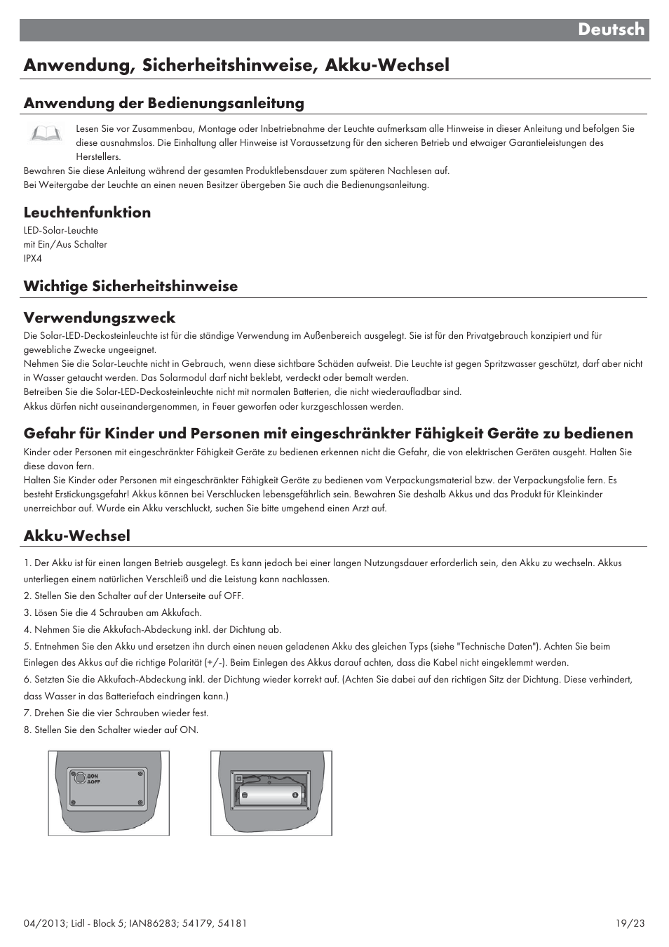 Anwendung der bedienungsanleitung, Leuchtenfunktion, Wichtige sicherheitshinweise verwendungszweck | Akku-wechsel | Livarno 54179 User Manual | Page 20 / 26