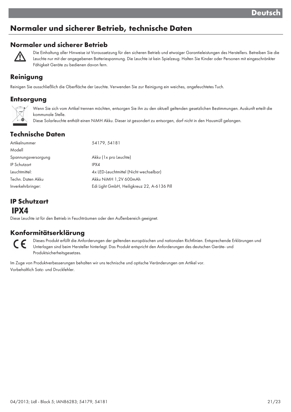 Normaler und sicherer betrieb, Reinigung, Entsorgung | Technische daten, Ip schutzart, Konformitätserklärung | Livarno 54179 User Manual | Page 22 / 26