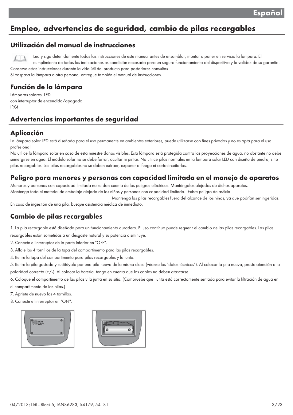 Utilización del manual de instrucciones, Función de la lámpara, Advertencias importantes de seguridad aplicación | Cambio de pilas recargables | Livarno 54179 User Manual | Page 4 / 26