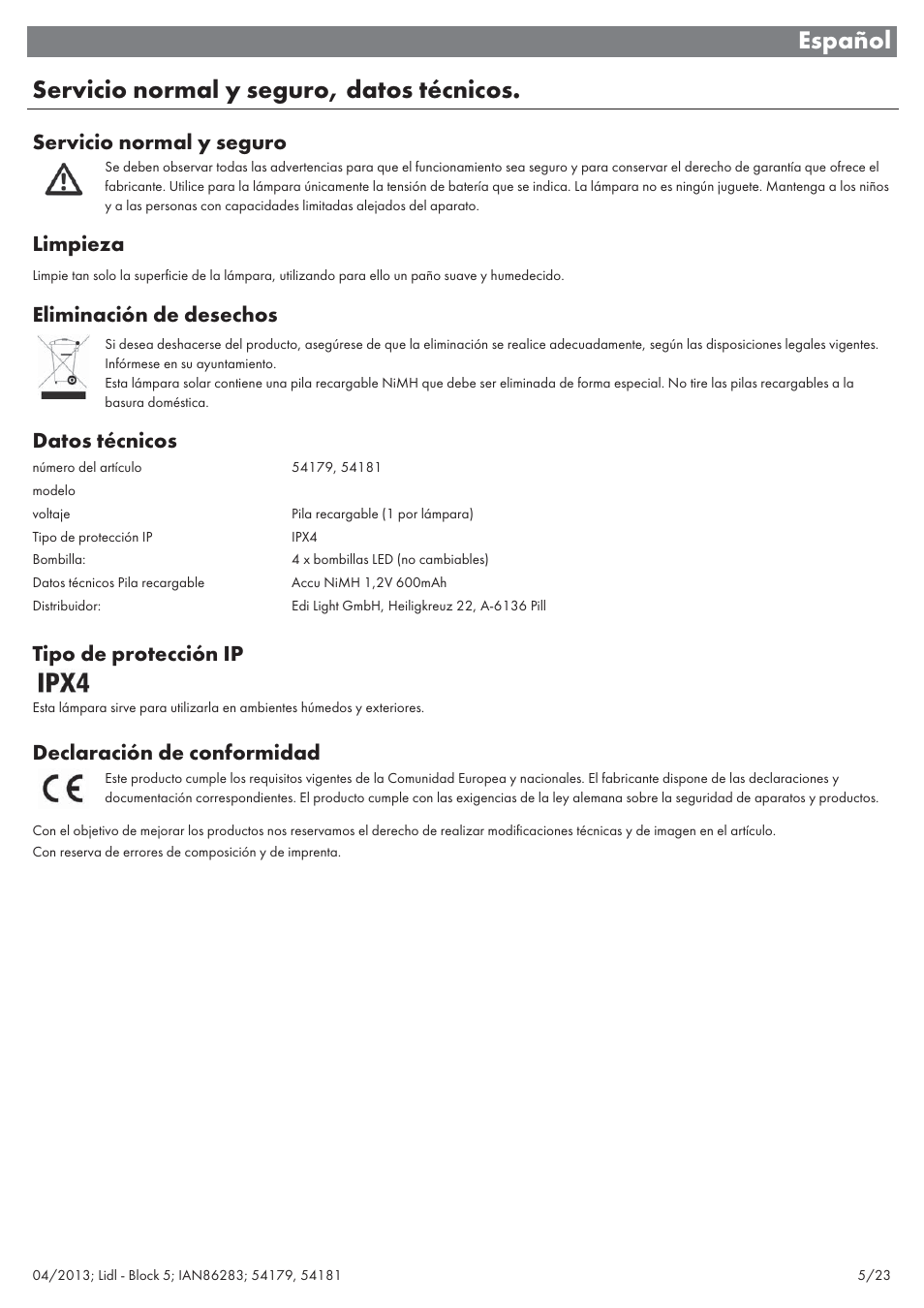 Español servicio normal y seguro, datos técnicos, Servicio normal y seguro, Limpieza | Eliminación de desechos, Datos técnicos, Tipo de protección ip, Declaración de conformidad | Livarno 54179 User Manual | Page 6 / 26