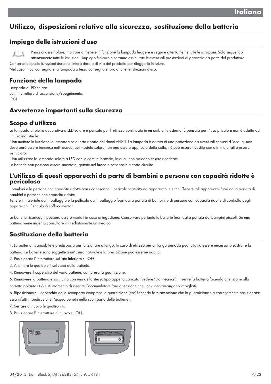 Italiano, Impiego delle istruzioni d'uso, Funzione della lampada | Sostituzione della batteria | Livarno 54179 User Manual | Page 8 / 26