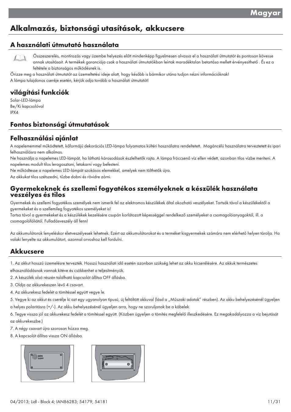 A használati útmutató használata, Világítási funkciók, Akkucsere | Livarno 54179 User Manual | Page 12 / 34