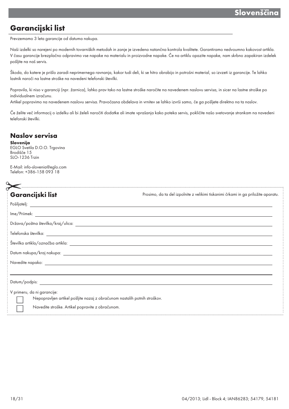 Slovenščina garancijski list, Naslov servisa, Garancijski list | Livarno 54179 User Manual | Page 19 / 34