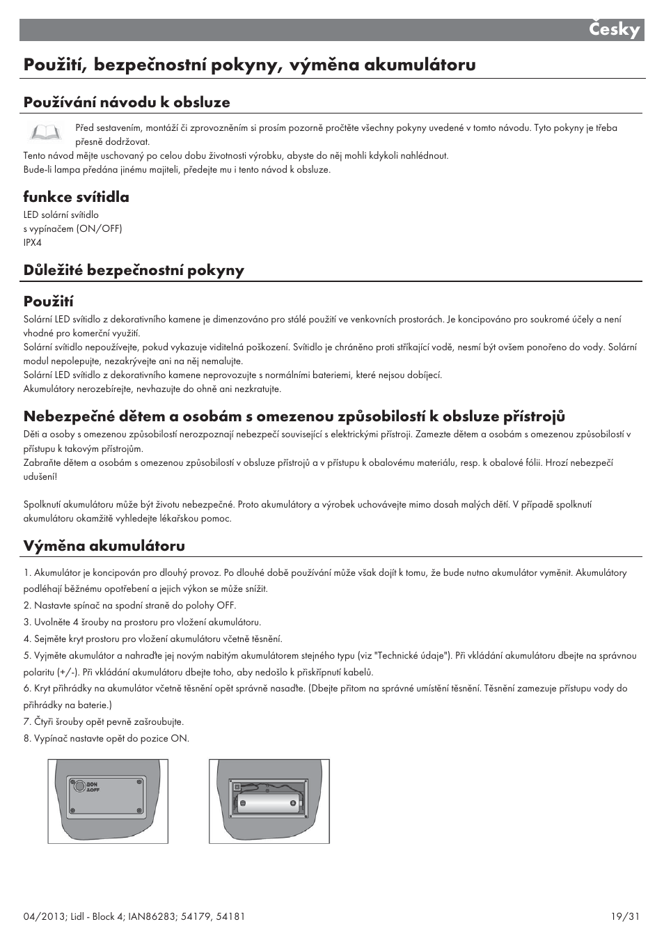 Používání návodu k obsluze, Funkce svítidla, Důležité bezpečnostní pokyny použití | Výměna akumulátoru | Livarno 54179 User Manual | Page 20 / 34