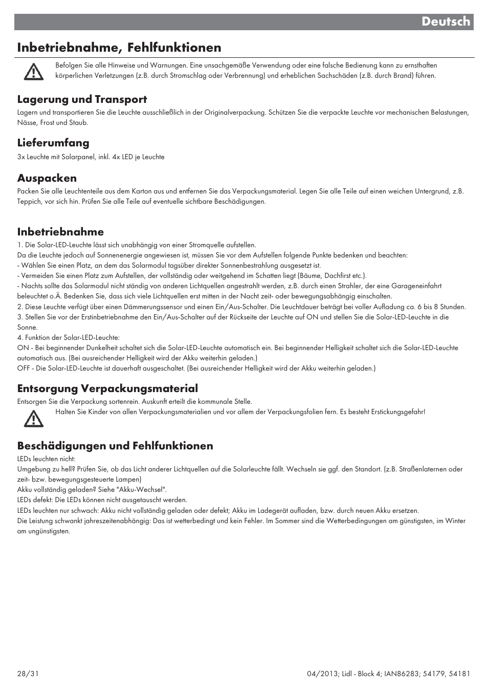 Deutsch inbetriebnahme, fehlfunktionen | Livarno 54179 User Manual | Page 29 / 34