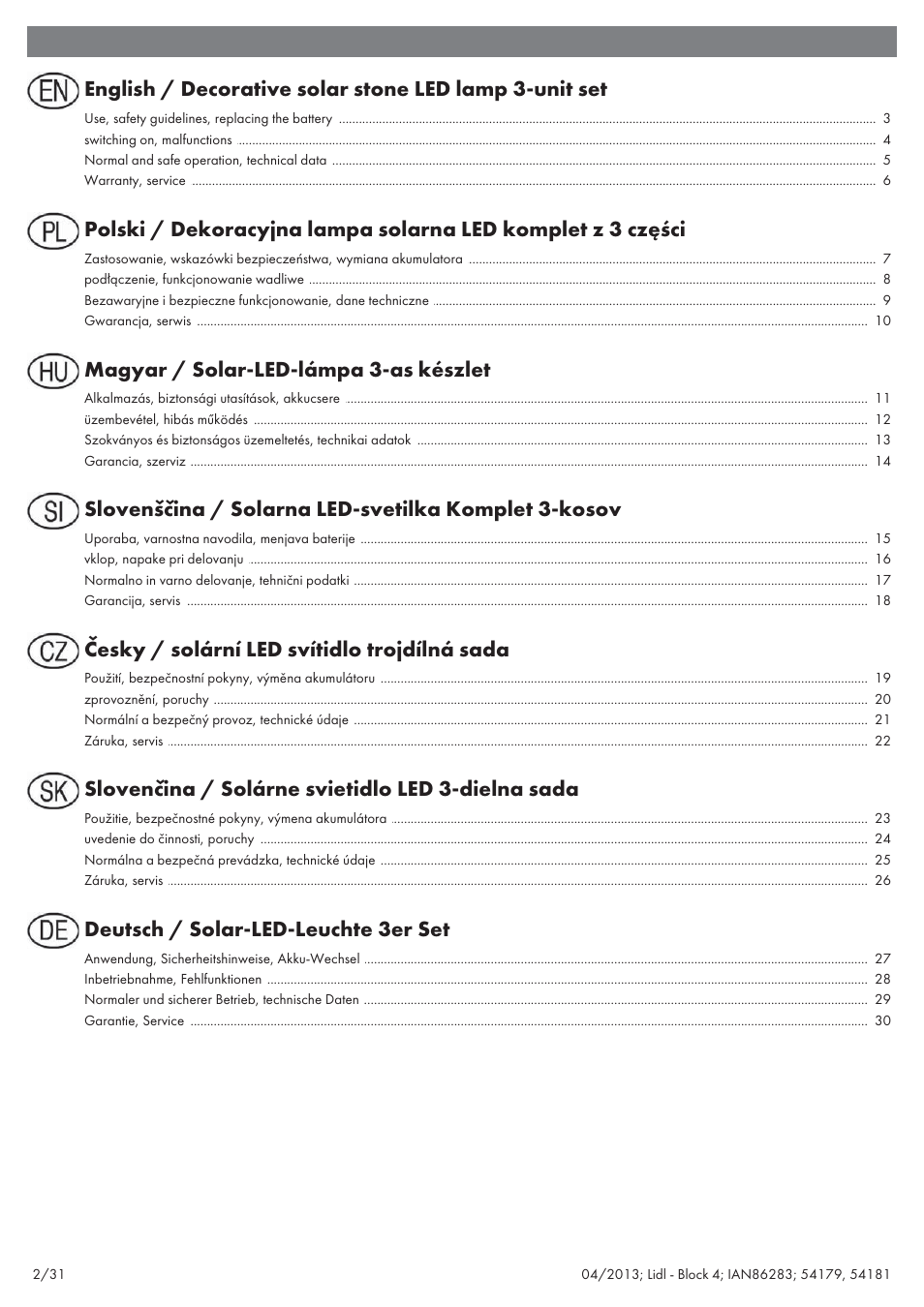 Magyar / solar-led-lámpa 3-as készlet, Slovenščina / solarna led-svetilka komplet 3-kosov, Česky / solární led svítidlo trojdílná sada | Slovenčina / solárne svietidlo led 3-dielna sada, Deutsch / solar-led-leuchte 3er set | Livarno 54179 User Manual | Page 3 / 34
