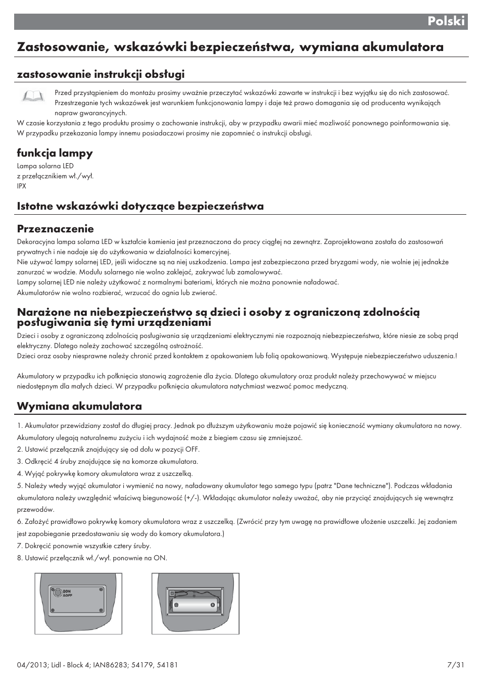 Zastosowanie instrukcji obsługi, Funkcja lampy, Wymiana akumulatora | Livarno 54179 User Manual | Page 8 / 34