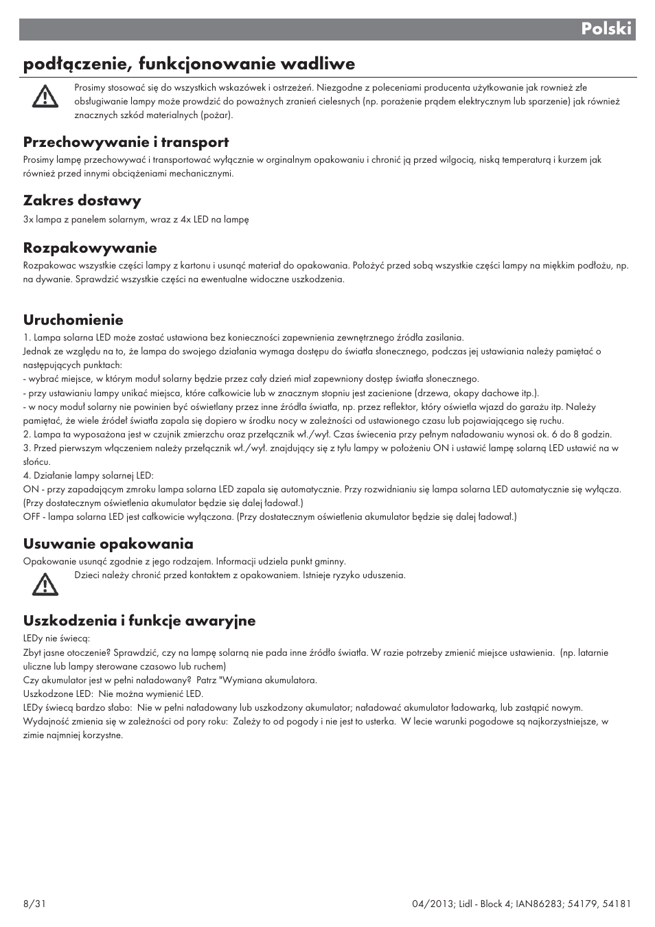 Polski podłączenie, funkcjonowanie wadliwe | Livarno 54179 User Manual | Page 9 / 34