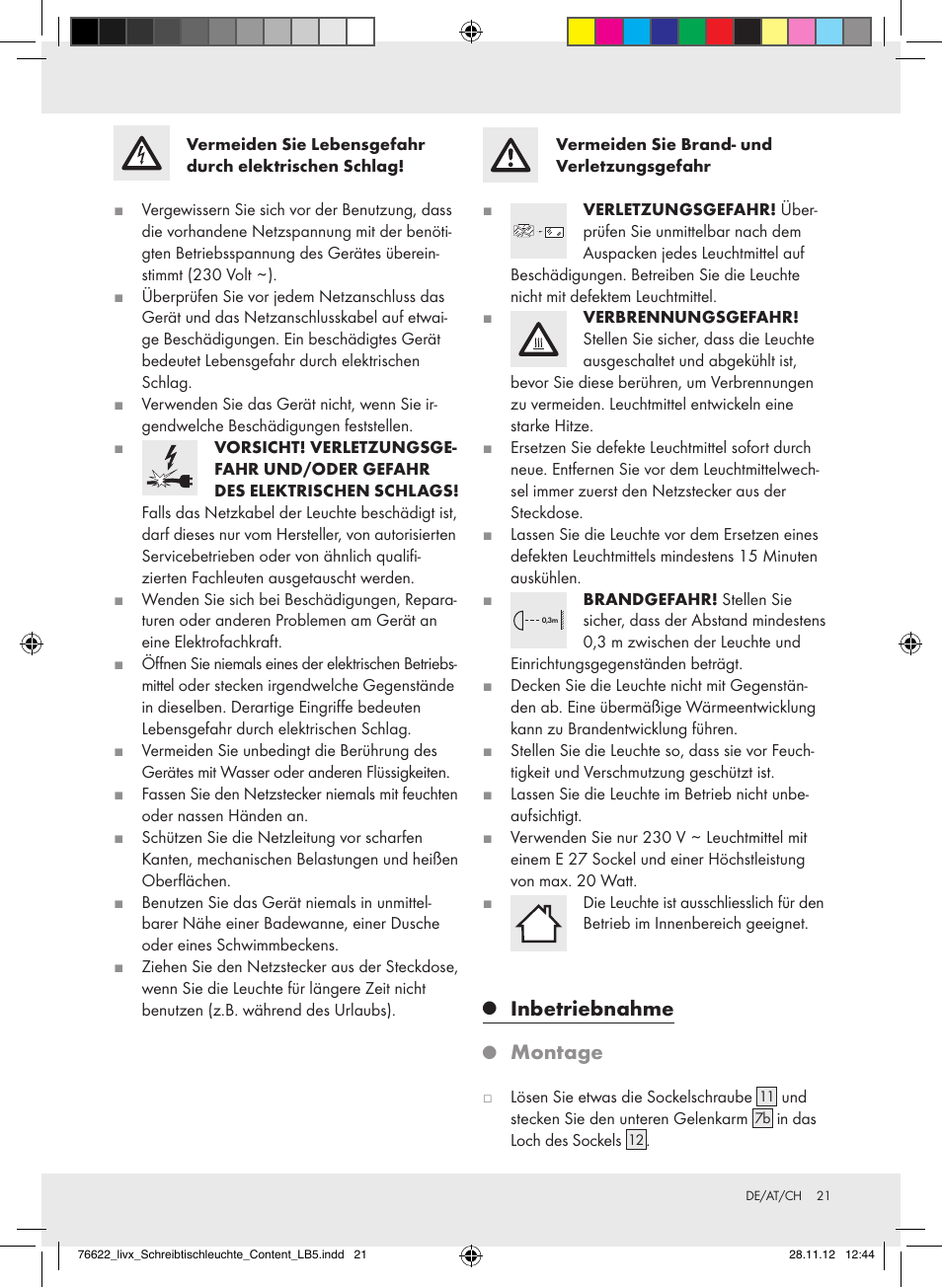 Inbetriebnahme, Montage | Livarno Z31317A-BS / Z31317B-BS / Z31317C-BS User Manual | Page 21 / 24