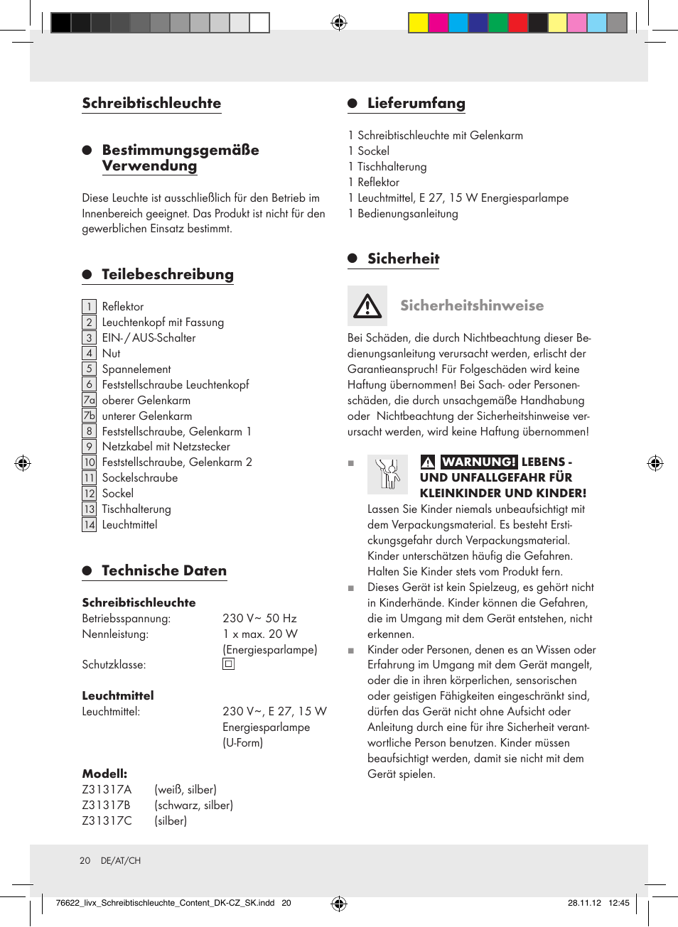 Schreibtischleuchte, Bestimmungsgemäße verwendung, Teilebeschreibung | Technische daten, Lieferumfang, Sicherheit sicherheitshinweise | Livarno Z31317A-BS / Z31317B-BS / Z31317C-BS User Manual | Page 20 / 24