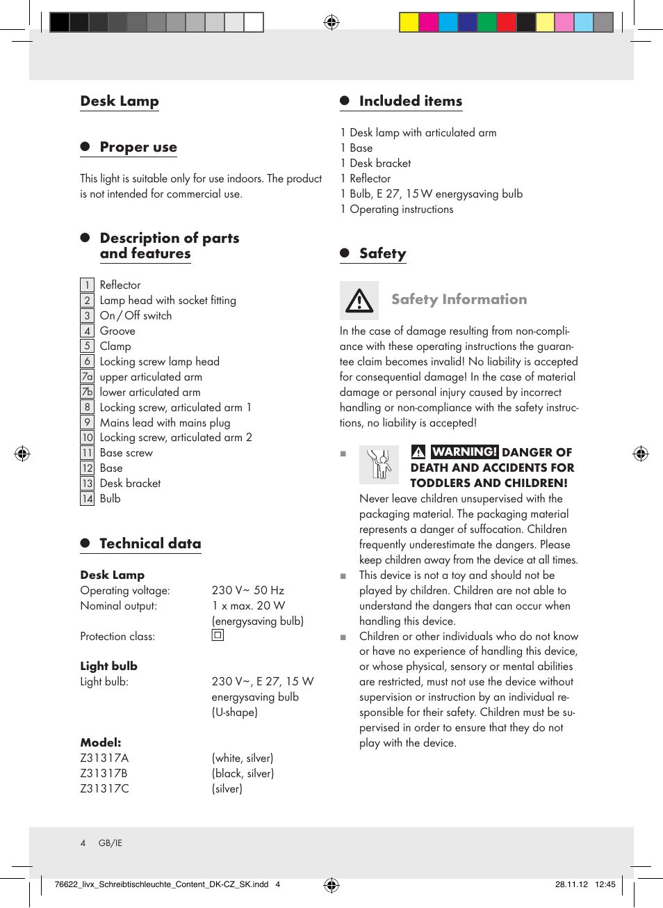 Desk lamp, Proper use, Description of parts and features | Technical data, Included items, Safety safety information | Livarno Z31317A-BS / Z31317B-BS / Z31317C-BS User Manual | Page 4 / 24