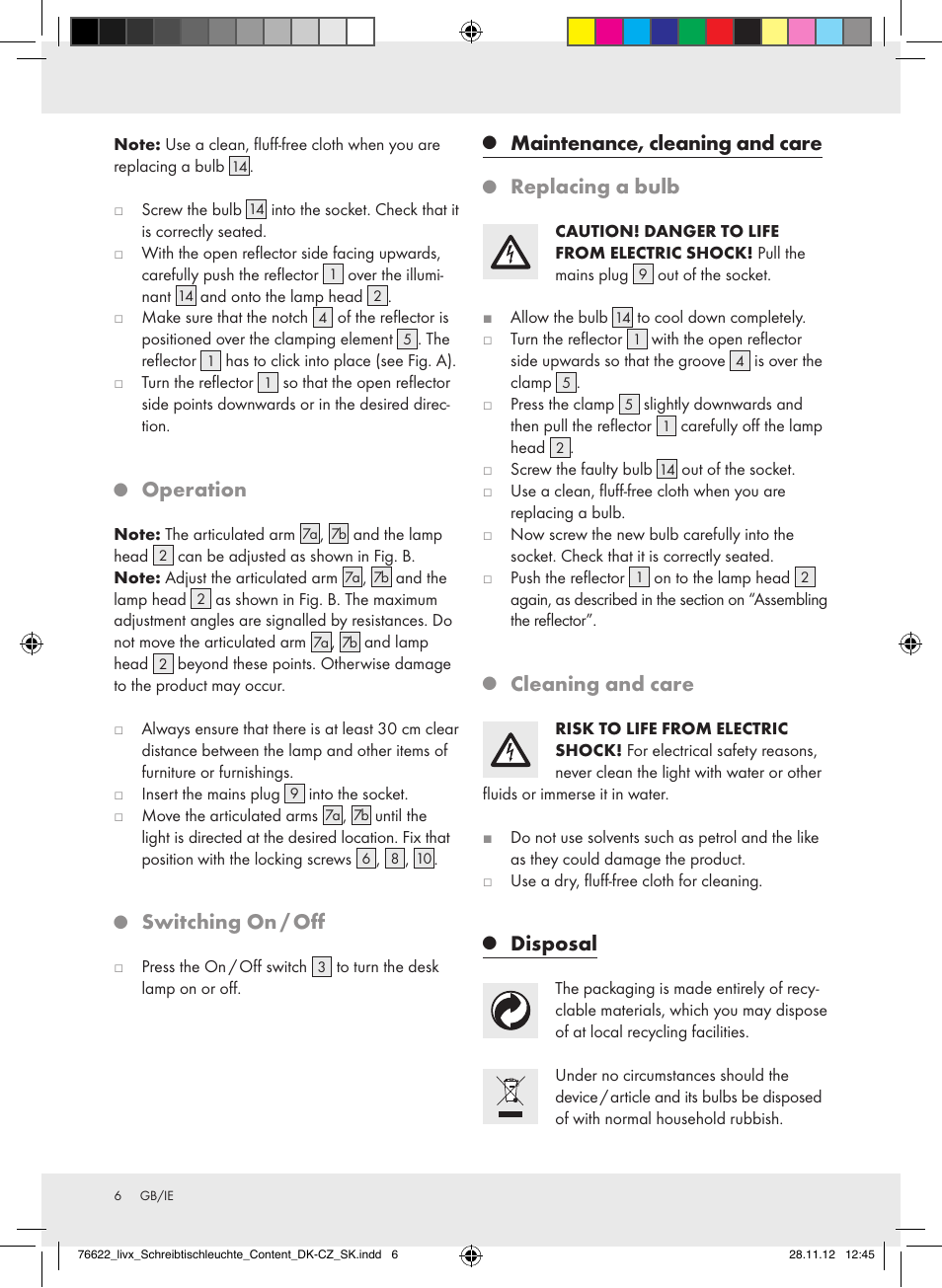 Operation, Switching on / off, Maintenance, cleaning and care | Replacing a bulb, Cleaning and care, Disposal | Livarno Z31317A-BS / Z31317B-BS / Z31317C-BS User Manual | Page 6 / 24