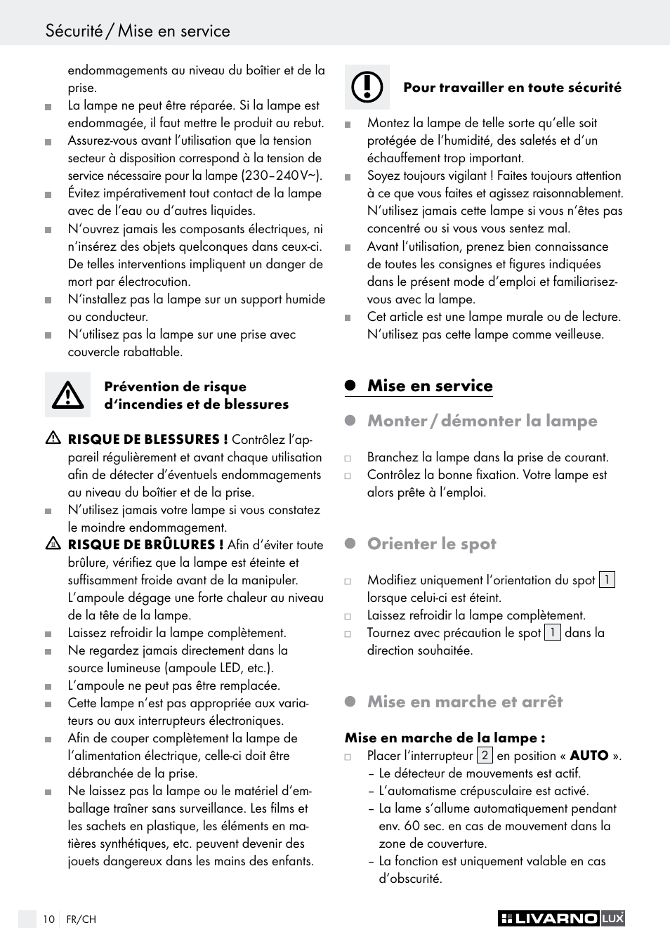 Sécurité / mise en service, Mise en service monter / démonter la lampe, Orienter le spot | Mise en marche et arrêt | Livarno LED SPOTLIGHT User Manual | Page 10 / 25