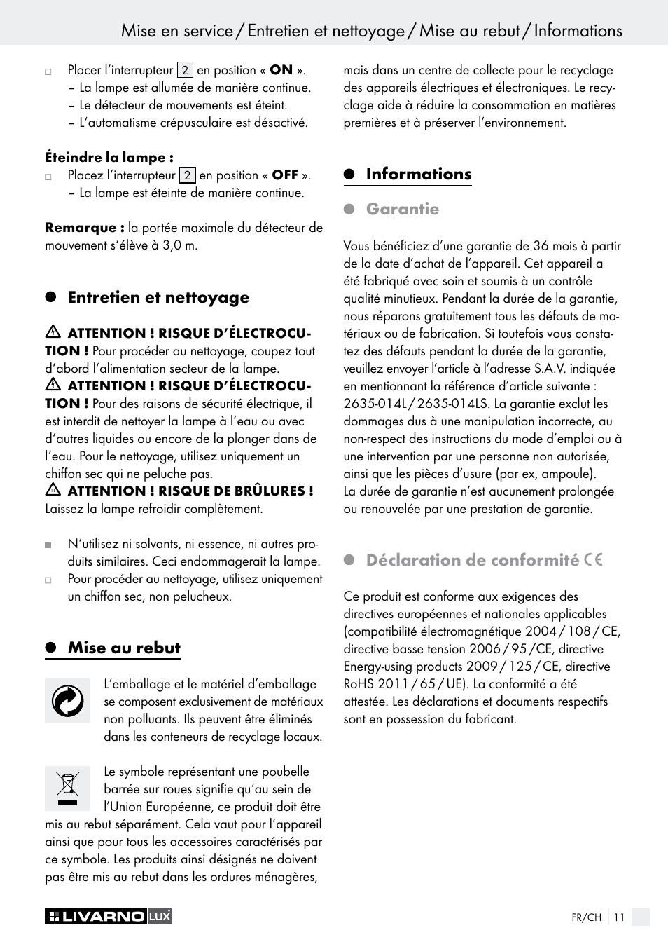 Entretien et nettoyage, Mise au rebut, Informations garantie | Déclaration de conformité | Livarno LED SPOTLIGHT User Manual | Page 11 / 25