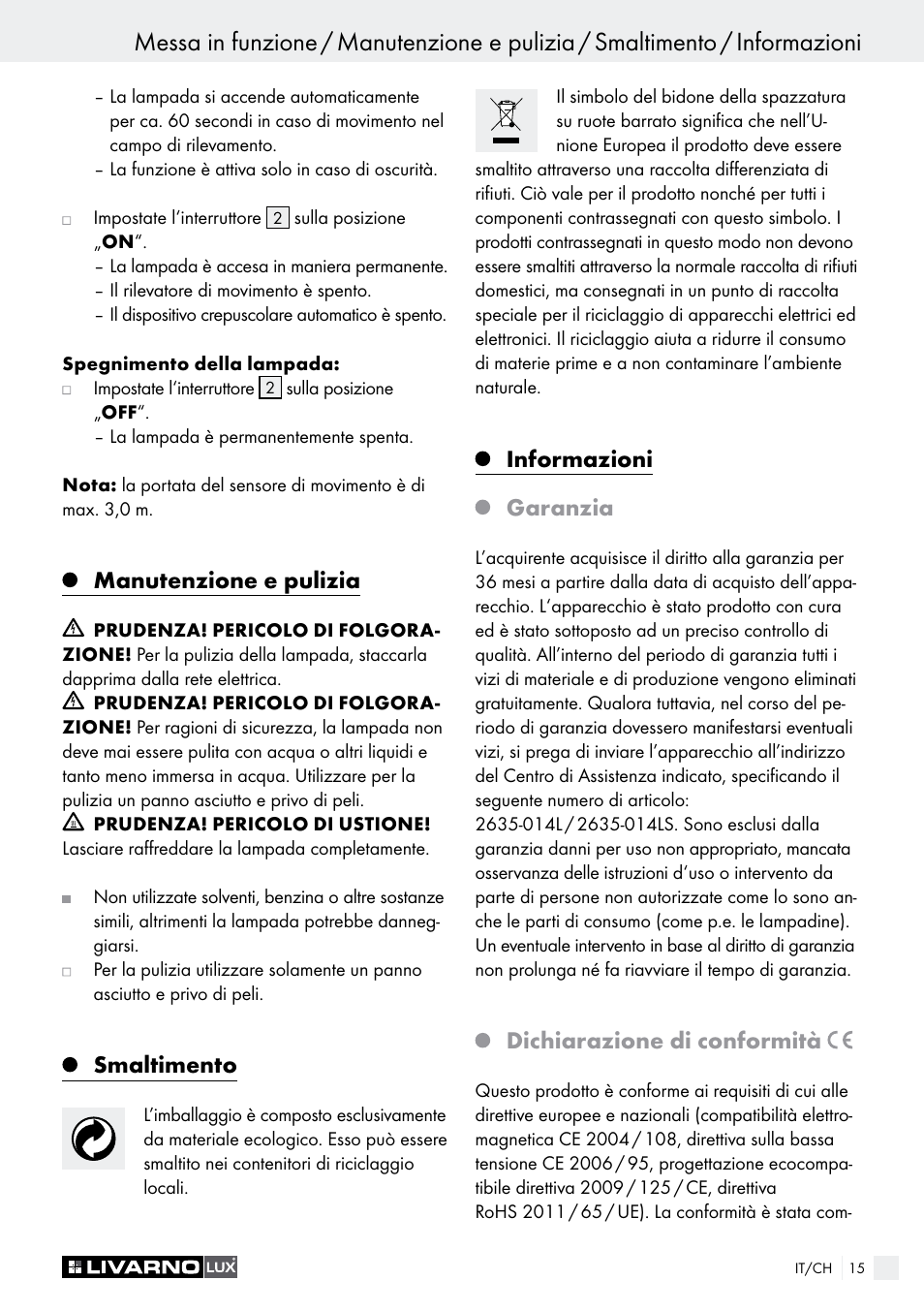 Manutenzione e pulizia, Smaltimento, Informazioni garanzia | Dichiarazione di conformità | Livarno LED SPOTLIGHT User Manual | Page 15 / 25